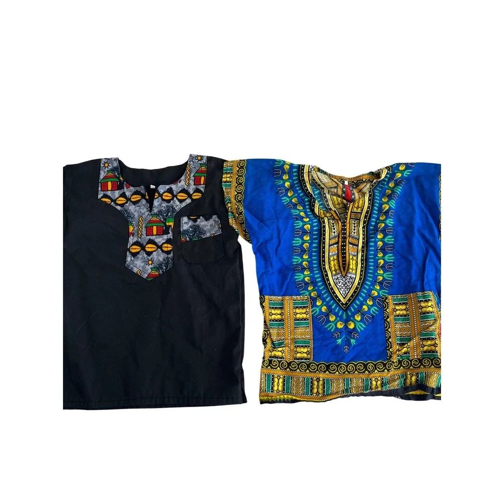 Kids African‎ Dashiki Tunic Shirt Set Blue Black Multicolor Size M XL Lot of 2